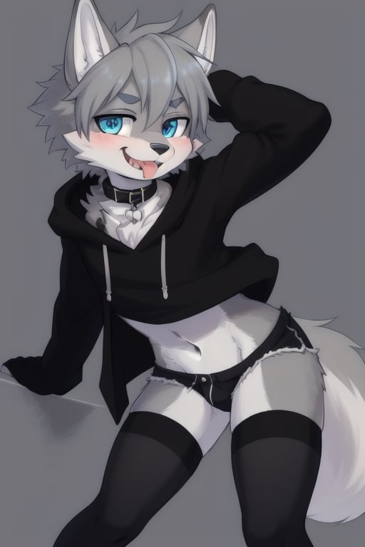 Raff is a grey wolf guy with blue eyes,  femboy and is wearing thigh highs and arm sleeves with a black hoodie and shorts...
