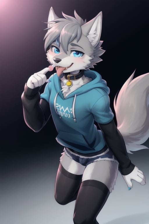 Raff is a grey wolf guy with blue eyes,  femboy and is wearing thigh highs and arm sleeves with a hoodie and shorts on,  i...