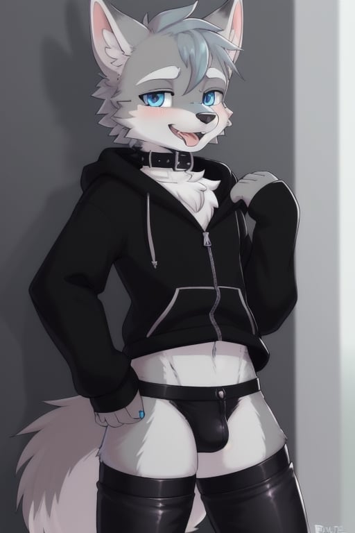 Raff is a grey wolf guy with blue eyes,  femboy and is wearing thigh highs and arm sleeves with a black hoodie and trouser...