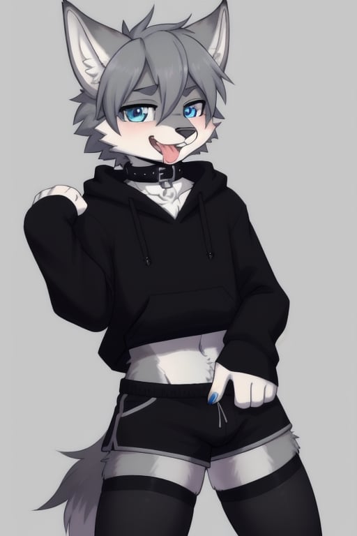 Raff is a grey wolf guy with blue eyes,  femboy and is wearing thigh highs and arm sleeves with a black hoodie and shorts...