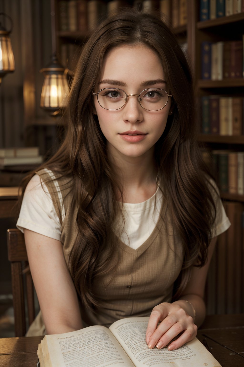 Close-up shot of 18-year-old Hermione Granger, sitting at a wooden desk in a dimly lit Hogwarts library. Her long brown hair falls gently down her back as she intently focuses on an open book, her brow furrowed in concentration. The warm glow of the lanterns casts a soft, golden light on her determined expression. A hint of magic sparks in her eyes, illuminated by the subtle shimmer of her glasses.