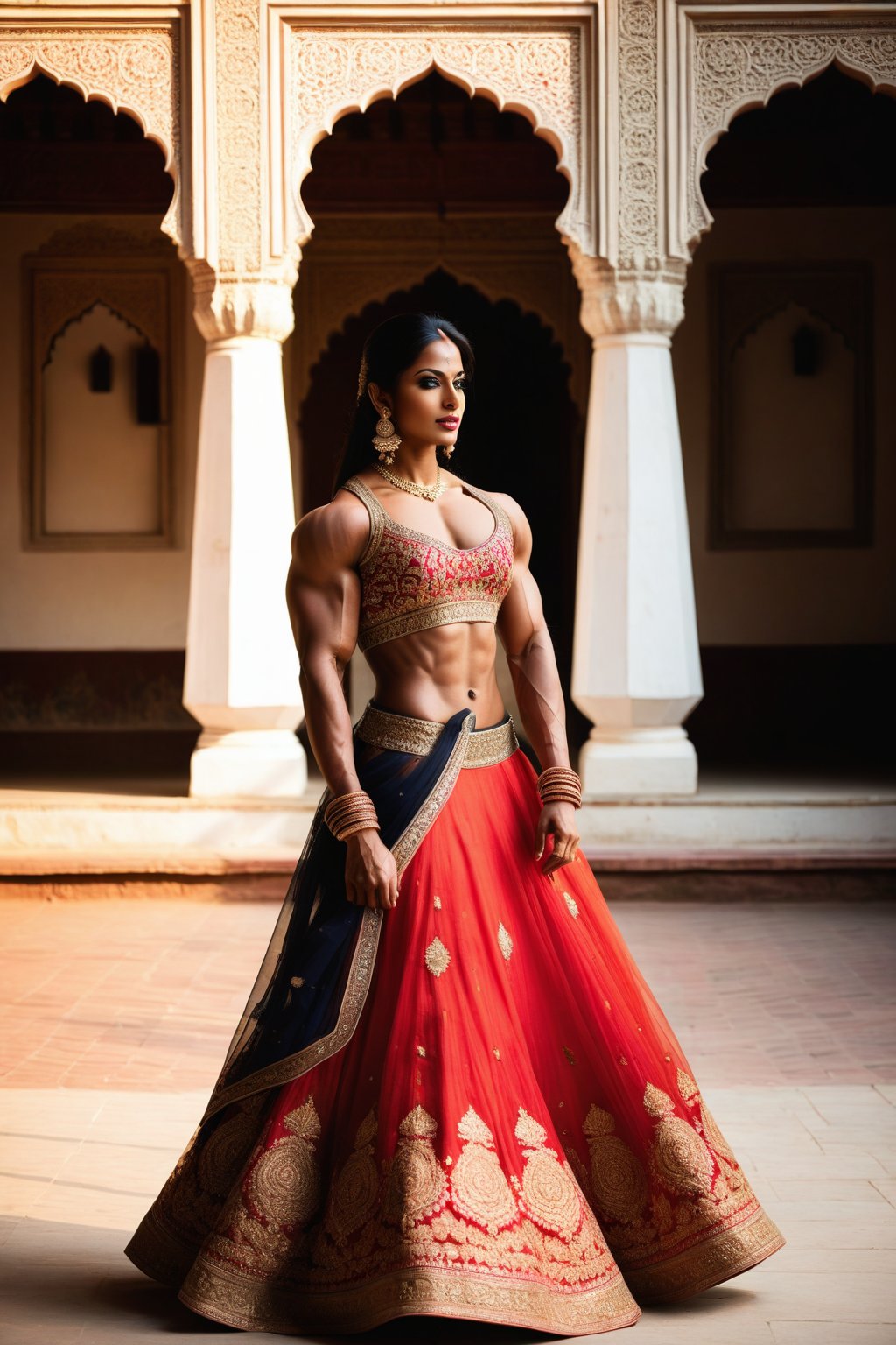 In this scene,  the very muscular Indian model bodybuilder is captured against a backdrop of a traditional Indian palace....