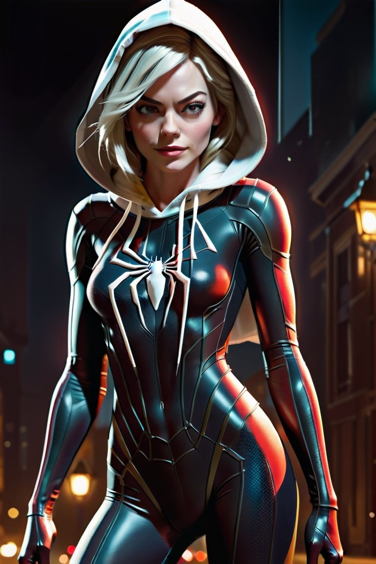 (8k, 3D, UHD, highly detailed, masterpiece, professional oil painting) best quality, highres, dynamic lighting, photo realistic, master piece, full body, photo realistic, insane detail, 8k, rtx, octane render, graceful curves, cinematic lighting, high sharpness, high contrast, Emma Stone, Gwen Stacy, Spider Gwen as a dominatress in a hoodie spider suit, thick thighs, narrow waist, from front, large perky breasts,muscular body, slim body, sexy pose, seductive, white skin, fine face, sensual expression, at night,peni