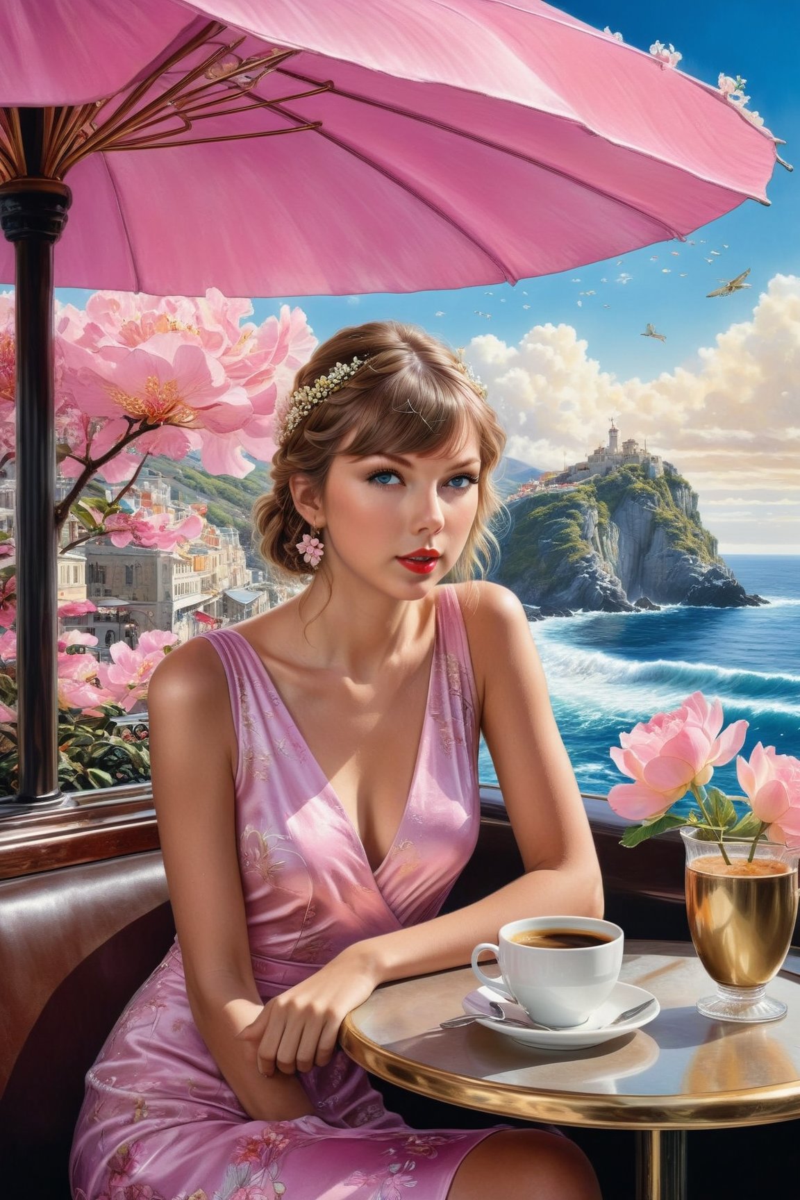 Hyper-realistic photo of a beautiful girl sitting in a cafe, 20s, 1 girl, alone, detailed exquisite face, smooth shiny skin, smile, looking at viewer, (((taylor swift lookalike))), elegant dress, [color pink]
BREAK
backdrop: cafe with sea view, table, coffee cup, window, lamp, flower (girl focus), messy maximalism
BREAK
settings: (rule of thirds 1.3), perfect composition, studio photography, artstation trends, perspective depth, (masterpiece, best quality, 32k, UHD: 1.4), (sharp focus, high contrast, HDR, hyper detailed, intricate details,ultrarealistic,kodachrome 800:1.3),(cinematic lighting:1.3),(by Karol Bak, Alessandro Pautasso,Gustav Klimt and Hayao Miyazaki :1.3),art_booster,photo_b00ster, real_booster