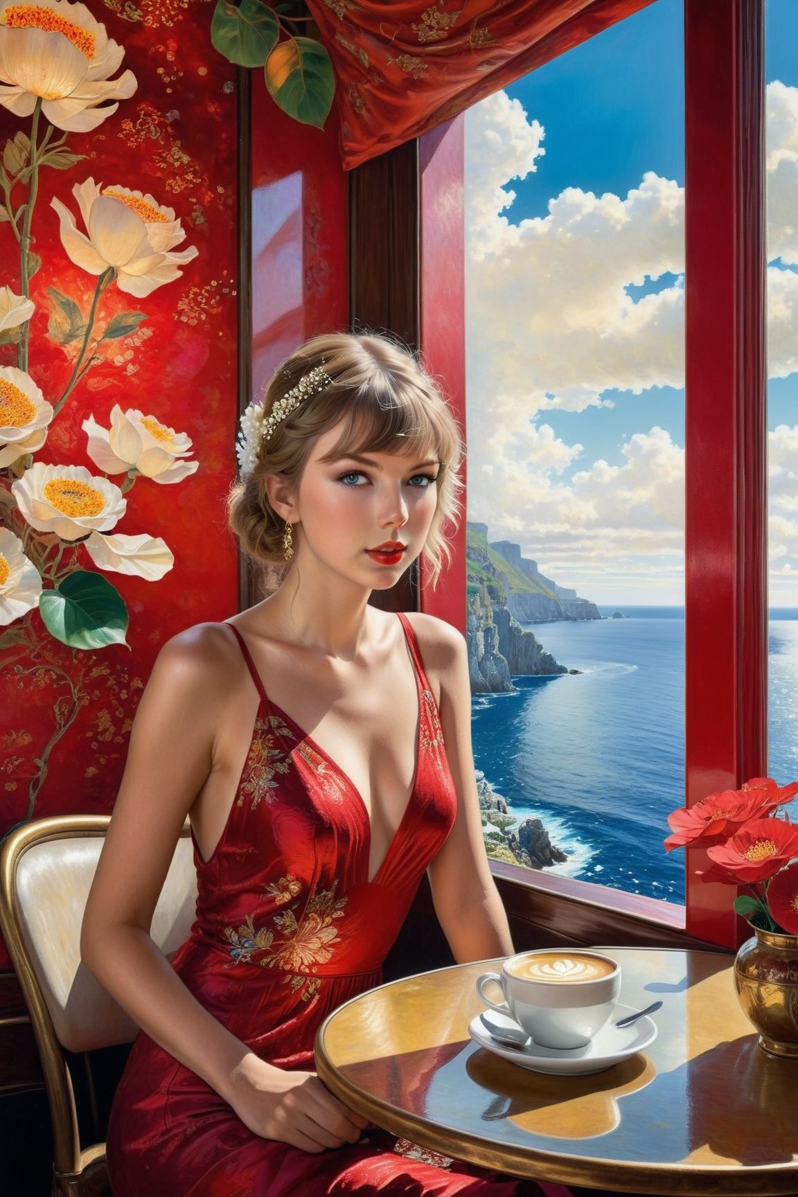 Hyperrealistic photography of a beautiful girl sitting in a cafe, 20s, girl, alone, exquisite detailed face, soft glowing skin, smile, looking at viewer, (((Taylor Swift lookalike))), (((elegant dress))), (((red dress 1.8))) (((red dress 1.8)))
BREAK
Background: sea view cafe, table, coffee cup, window, lamp, flower (focus on girl), messy maximalism
BREAK
Settings: (Rule of Thirds 1.3), Perfect Composition, Studio Photography, Artstation Trends, Perspective Depth, (Masterpiece, Best Quality, 32k, UHD:1.4), (Sharp Focus, High Contrast, HDR, Hyper Detailed, Intricate Details, Ultra Real, Kodachrome 800:1.3), (Cinematic Lighting:1.3), (by Karol Bak, Alessandro Pautasso, Gustav Klimt and Hayao Miyazaki: 1.3), art enhancer, photography enhancer, real enhancer