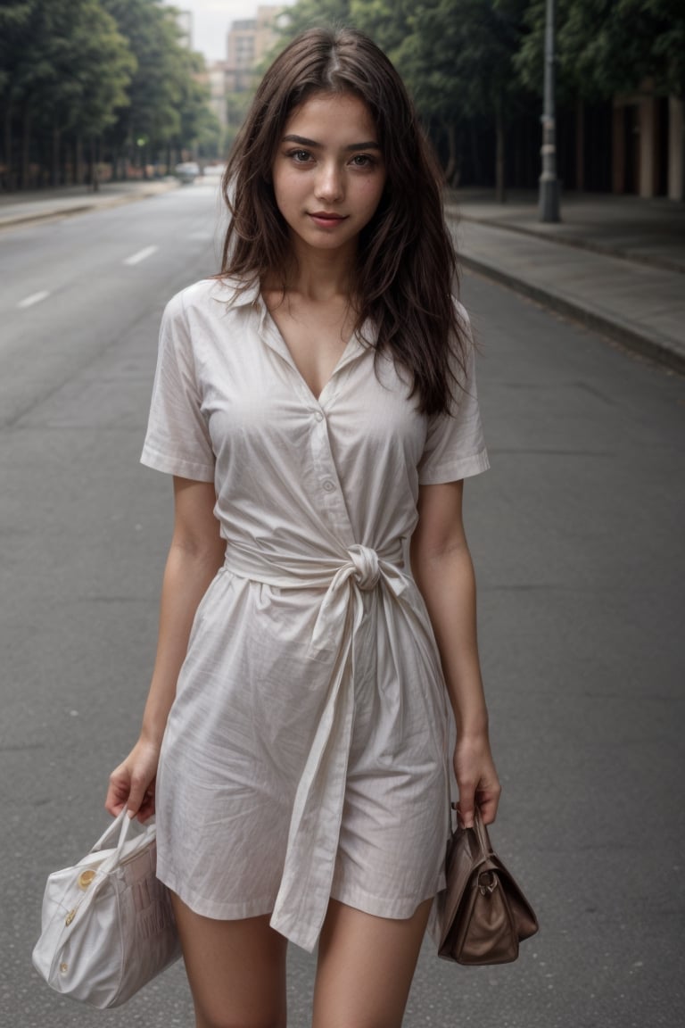 1 girl, wearing office dress, having office bag in left hand, clean body, clear hands, beautiful hands, tied hairs, portrait, looking at camera, standing in street, near building,perfect,portrait,school uniform