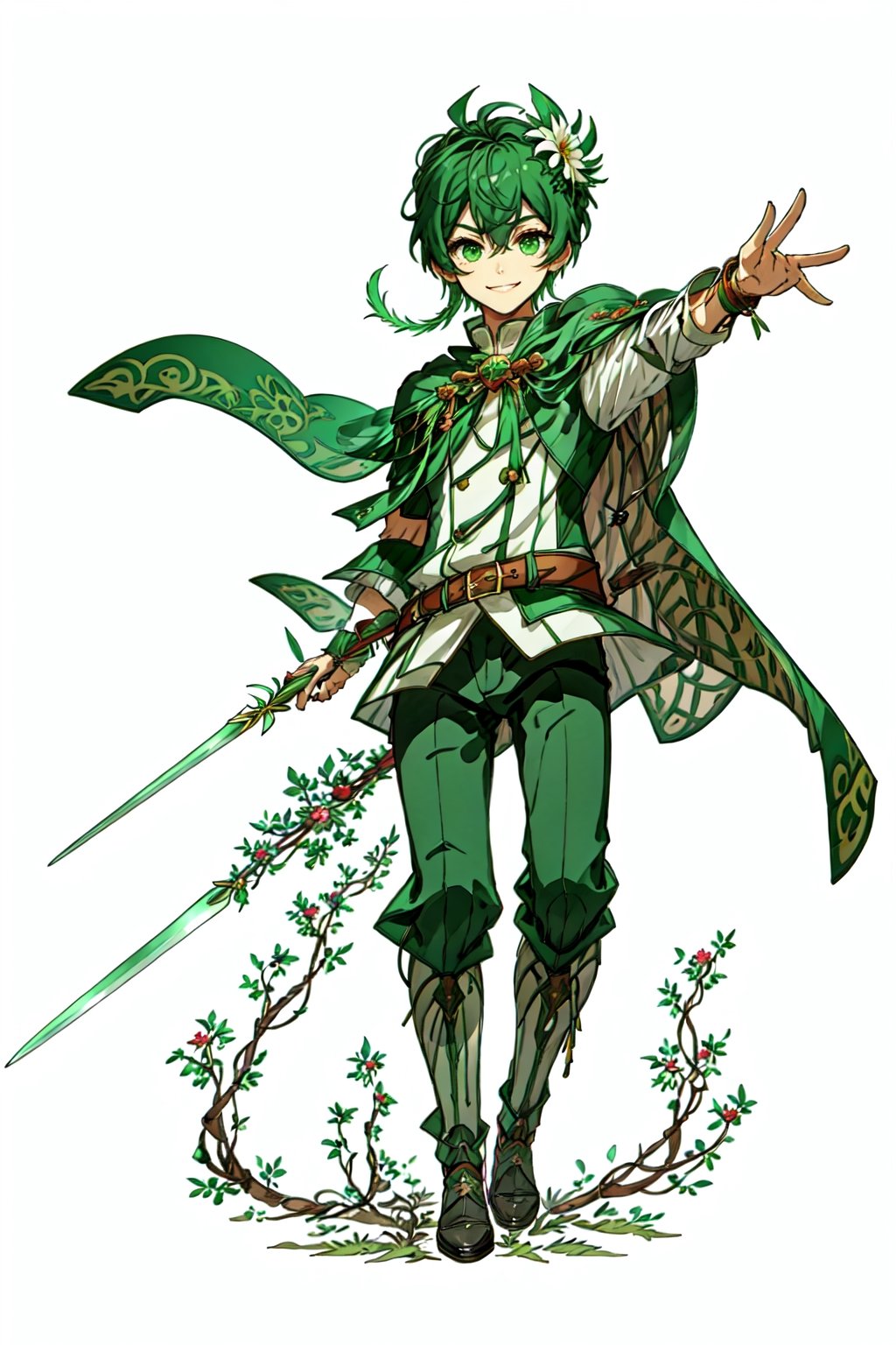 best quality
, masterpiece
, highres
,originaloutfit,  kneehigh, shirt, jacket, cape,
wand, holding wand,1 young boy,13years old,smile
, bangs, GREEN_hair,  green_eyes,
Green flower hair ornament on the upper right side of the head,
,Rorowa,perfect,, looking at viewer, close-up,swordup-pose-richy