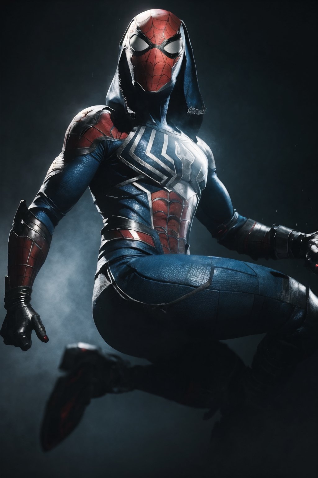 Spider-Man from Marvel comics, Advance futuristic armored, background dark space battlefield, heavy rain, blue glowing lined simple armor plate, dark environment, Advance mask, intense war, wealding Chinese futuristic sword, random camera angle,Dancer_of_the_Boreal_Valley
