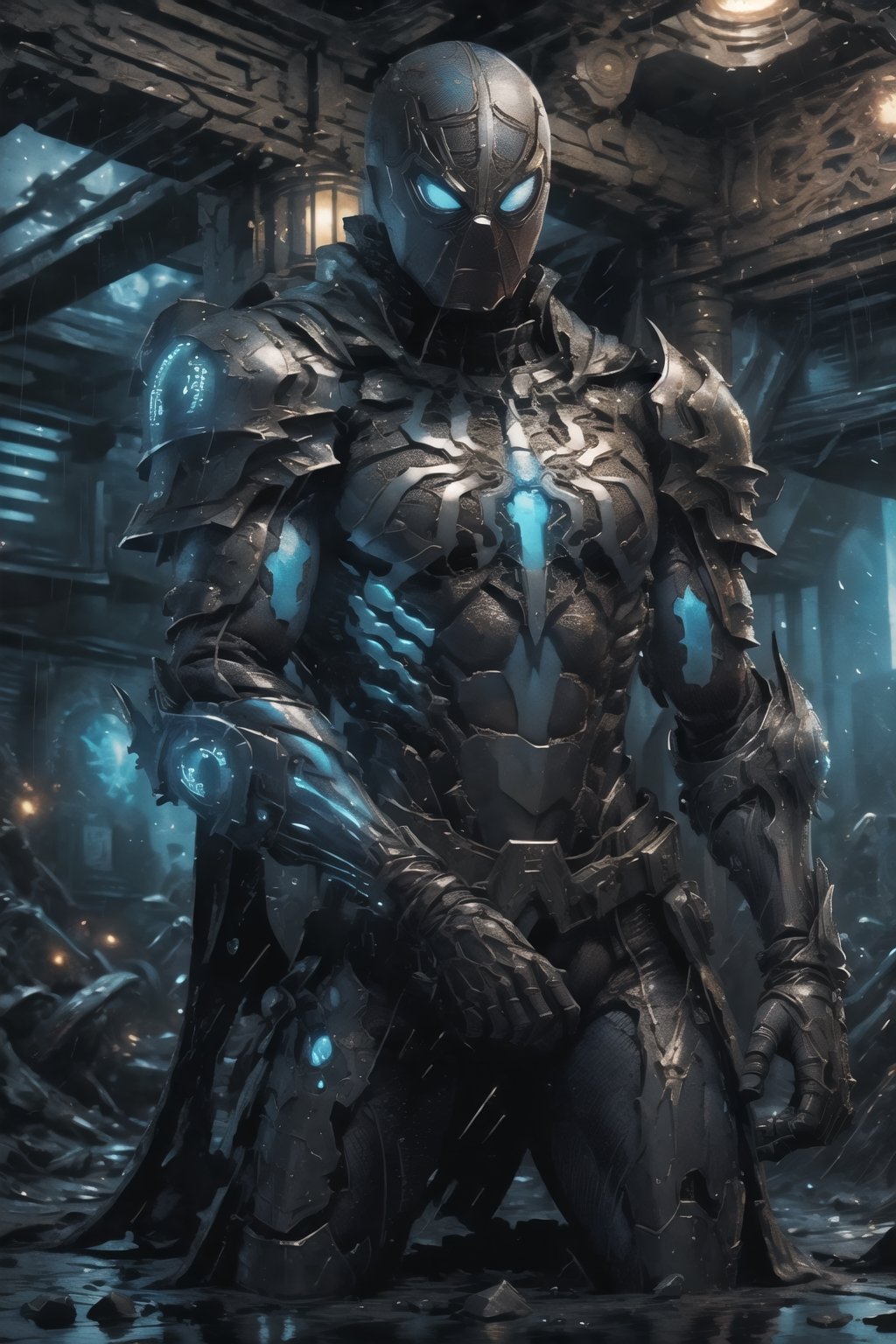 Spider-Man from Marvel comics, Advance armored, background dark space battlefield, heavy rain, blue glowing lined simple armor plate, dark environment, Advance mask, intense war, wealding Chinese futuristic sword,
