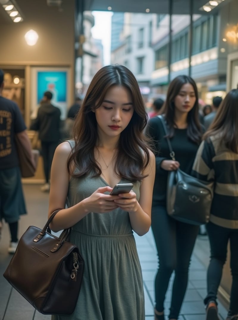 A Korean woman, with long hair and a sleeveless dress, holds a handbag as she blends into the crowd. She's standing between two store windows, gazing at her phone with a subtle expression of concern or distraction. The camera captures her figure from among the sea of people, some walking left while others head right, framing her within the glass window's reflection.