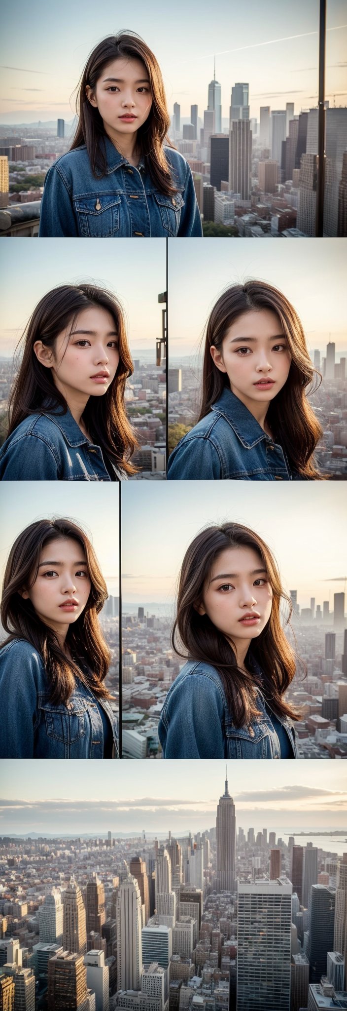 Here is a prompt for an image:

Eight sequential frames showcasing eight different angles of a Korean woman floating in mid-air above the city. Each frame features the woman with chestnut-brown hair, black highlights, and porcelain-white skin, standing at 175cm tall and weighing 60kg, wearing a T-shirt, jacket, jeans, sneakers, and backpack.

The background is a sprawling metropolis with towering skyscrapers, a vast sky, and a distant horizon. The lighting is soft and natural, with subtle color grading to emphasize the woman's features.

The image quality is 8K high definition.