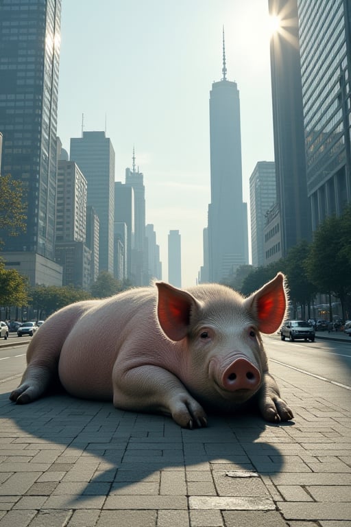 In a sprawling metropolis, a gargantuan pig lies sprawled on the pavement, its massive body resembling a mountain range. Skyscrapers and high-rise buildings in the background appear as toys compared to the gigantic pig's imposing form. The pig sleeps peacefully, all four legs splayed outwards like a giant starfish. In 8K resolution, the full-screen landscape showcases the surreal scene with crystal-clear clarity.