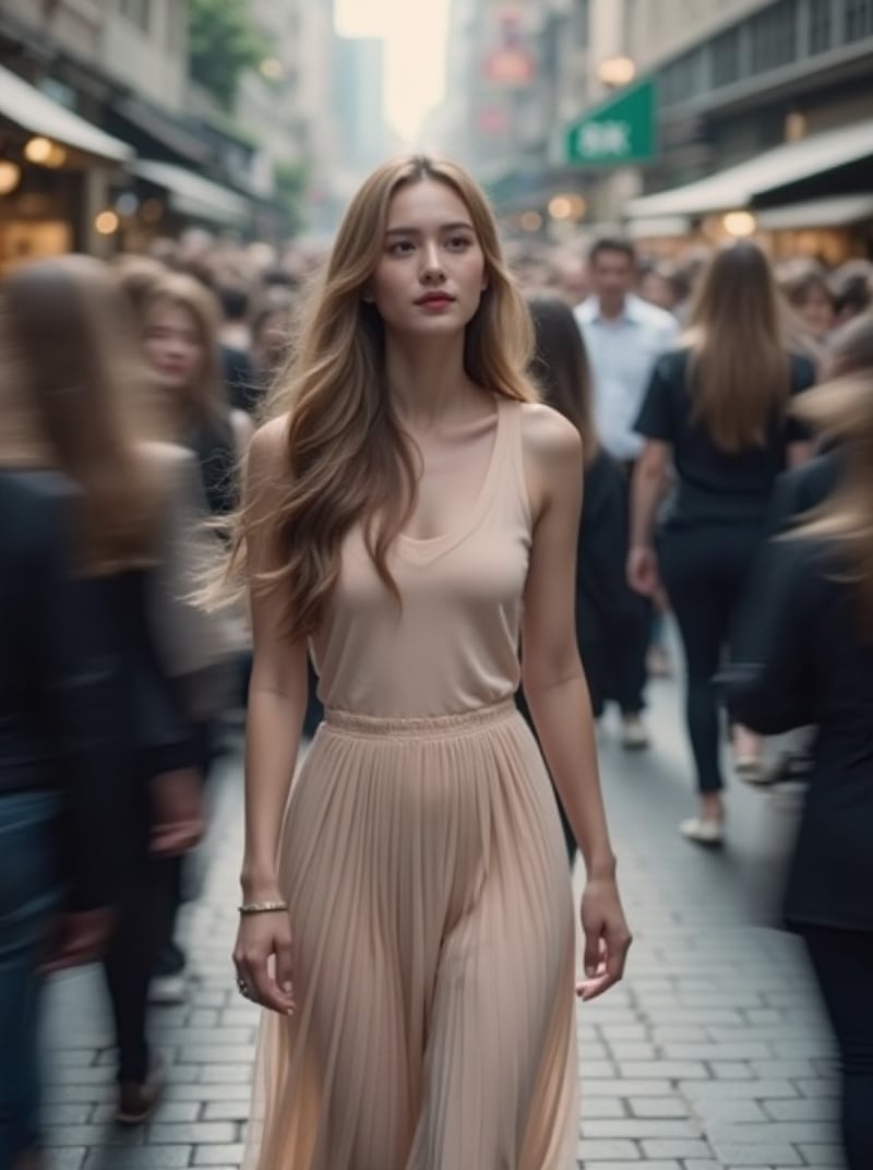 A lone woman with long hair and a sleeveless dress, her skirt fluttering in the crowd, is captured in a fleeting moment as she passes between two pedestrians. The camera zooms in on her profile, blurring the chaos around her. Her expression is contemplative, lost in thought amidst the sea of people moving left and right. The 8K resolution captures every detail, from the soft focus of her hair to the subtle curve of her smile.