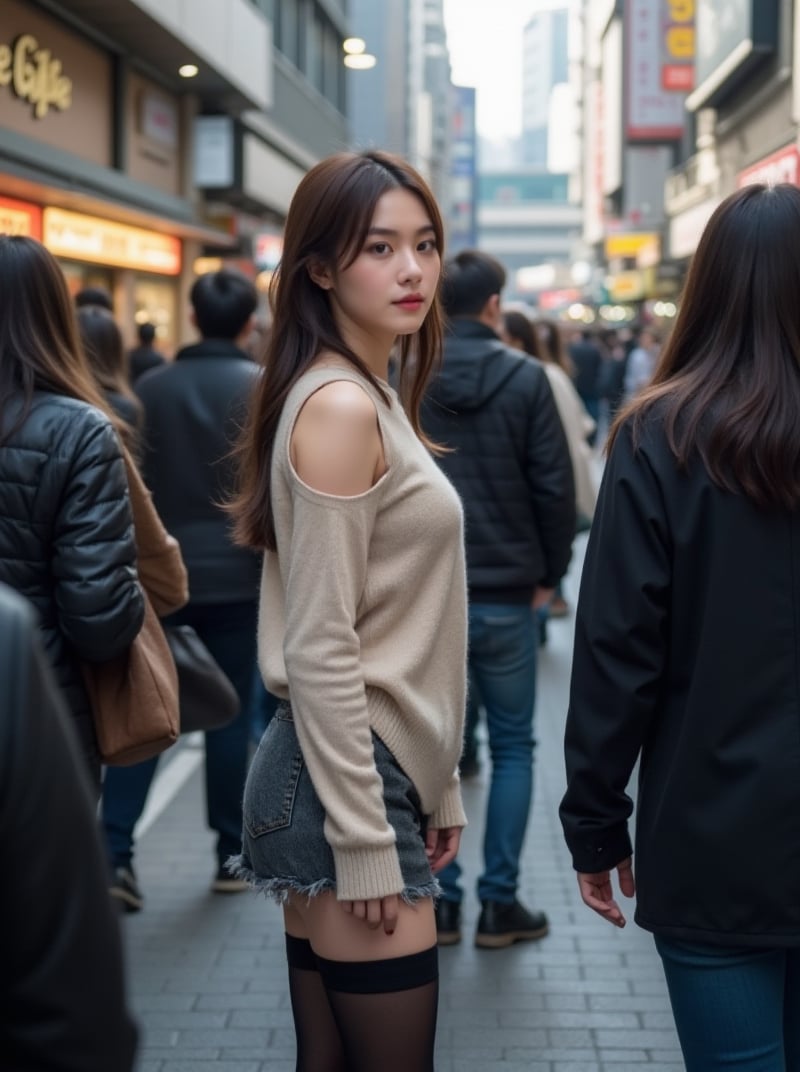 A woman with long hair and no sleeve clothing, wearing a skirt and stockings, appears in the crowd as people flow left and right. Framed between two passersby, her side profile captures a moment of contemplation, the blur effect softening her features as she stands out against the bustling urban backdrop in South Korea.