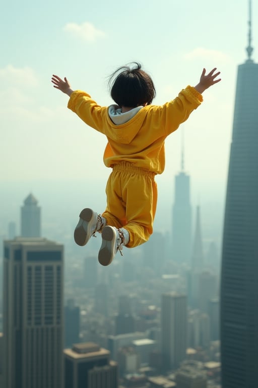 A Korean magical child with a messy bobbed haircut and yellow clothing and pants hovers in mid-air above the city skyscrapers. The camera captures a medium shot of this whimsical scene, rendering it in stunning 8K quality.