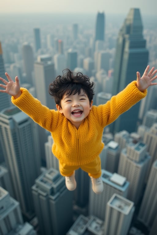 A whimsical young Korean boy, adorned with fluffy curly hair and bright yellow clothing, effortlessly floats in mid-air above a bustling cityscape of modern high-rise buildings. Framed from a top-down vantage point, the 8K resolution captures every detail of this enchanting scene, as the child's joyful expression shines like a beacon amidst the concrete jungle.