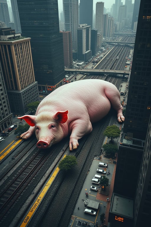 In a breathtaking 8K shot, a majestic pig with a body resembling a mountain lies sprawling across the city streets, dwarfing the towering skyscrapers. Its massive form sprawls across the train station, crushing the surrounding buildings and infrastructure beneath its enormous frame. The camera captures this surreal scene in a stunning overhead view, showcasing the sheer scale of the pig's presence as it snoozes peacefully amidst the urban landscape.