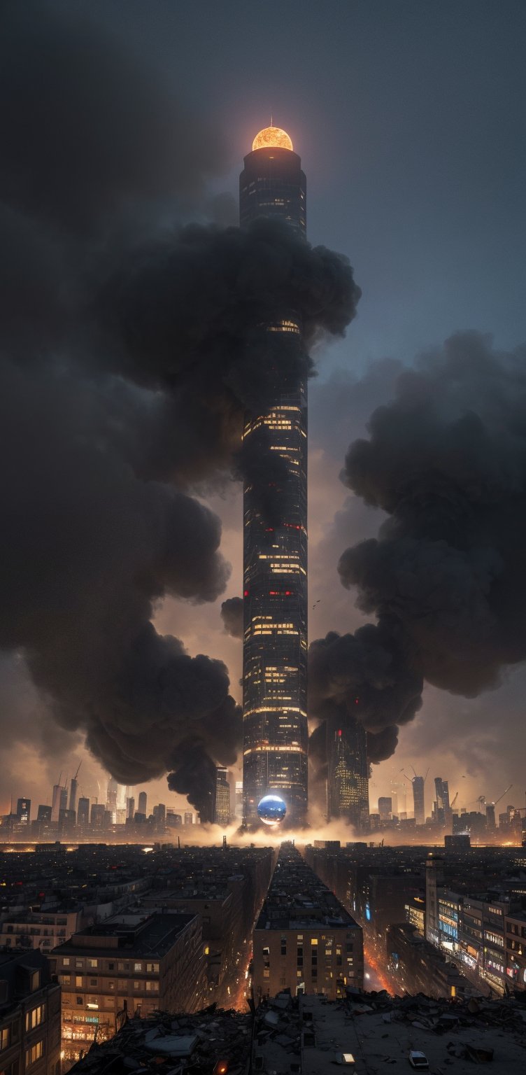 A sweeping 8K panorama unfolds. Amidst the city's steel skyscrapers, a mysterious spherical entity emerges between towering structures. Fog suddenly shrouds the metropolis, as panicked crowds flee in terror. The disaster ravages the megacity, reminiscent of doomsday's arrival. In the foreground, people scramble to escape, while in the distance, the eerie orb looms large, surrounded by the city's once-thriving streets now reduced to chaos and despair.