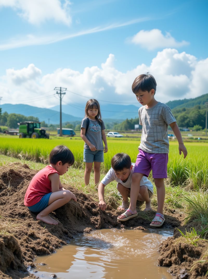 Three 8-year-old children (Taiwanese), two boys and one girl, play in the field. One boy lies on the muddy ground, while another crouches half-exposed from a stack of wheat. The girl plays with water in a small creek, wearing a grid-patterned T-shirt and purple shorts.

The scene is set against the backdrop of a rural landscape: a water buffalo, harvester, rice paddy, other children, wheat stalks, small ditches, muddy paths, blue sky, white clouds, and electric lamp poles. In the distance, a highway, cars, forest, and mountain range can be seen.

Composition: A full-frame, 8K image with a triangular composition, shot from the side of the subjects. The camera captures the textures of their clothing and the natural surroundings, emphasizing the joy and freedom of childhood.