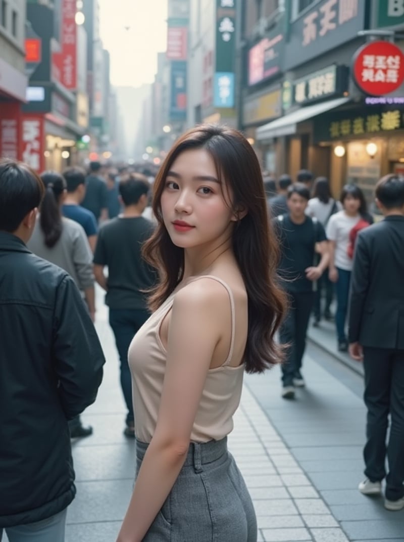 A Korean woman, the protagonist, turns back with a subtle smile tilting to the left, her long hair cascading down her back. She wears a sleeveless dress and high-waisted pants. Amidst a crowd of people walking in both directions, she stands out as the camera captures her expression and silhouette from an angle that blurs the surrounding pedestrians. The shot frames her against a vibrant street backdrop, with 8K quality and a sweeping panoramic view.