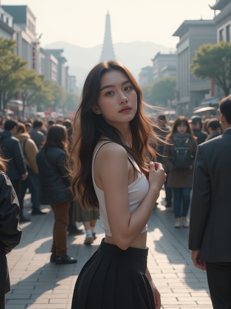 A woman, the protagonist, stands amidst a crowd in South Korea, her long hair flowing freely as she wears a sleeveless outfit and high-waisted skirt. From a bystander's perspective, capture her expression and silhouette as she blends into the throng of people moving left and right. Shot from a wide angle, showcase the vastness of the square in 8K resolution, with a subtle motion blur effect to emphasize the protagonist's presence amidst the bustling crowd.