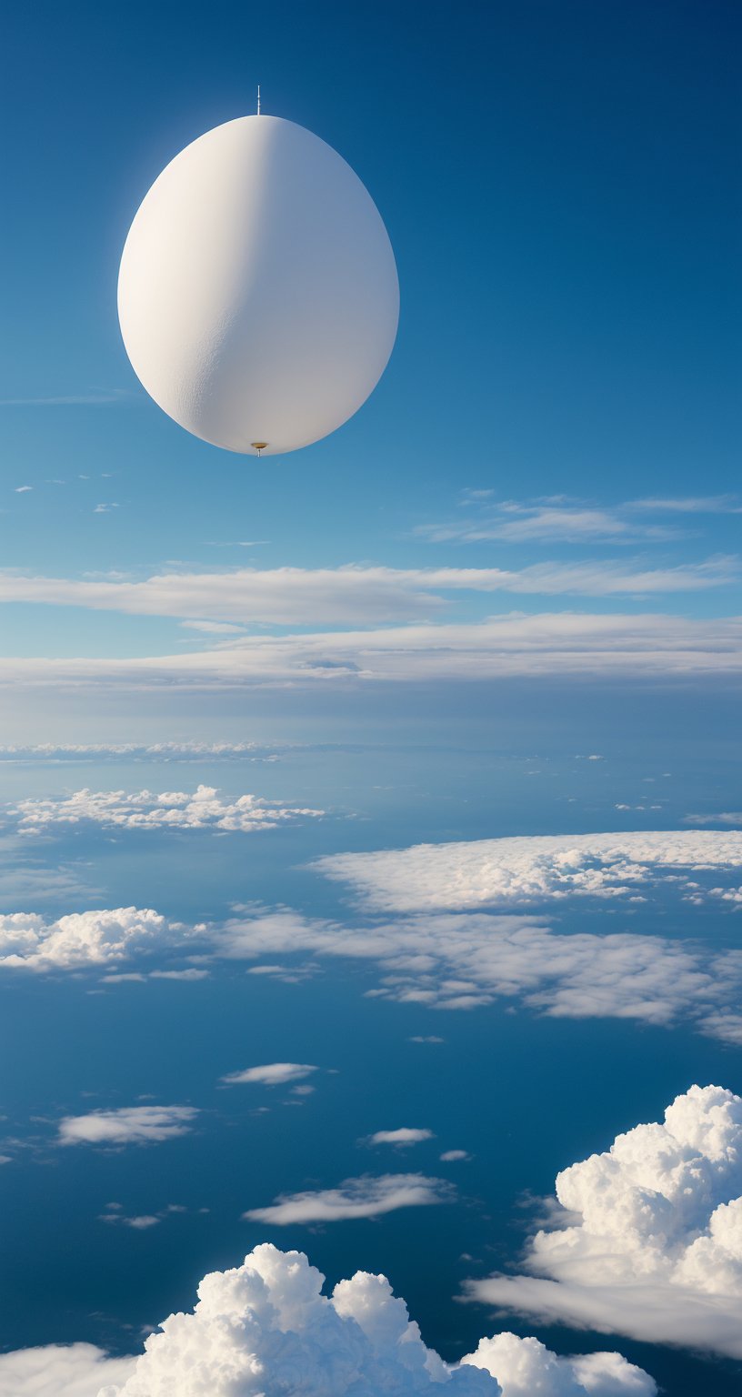 In a stunning 8K shot, the bright blue sky is dotted with puffy white clouds as the cityscape comes into view. A colossal, pristine-white egg, unblemished and gigantic, rises majestically in the center of the urban landscape. The egg's base is encircled by towering skyscrapers, while its upper portion is shrouded in a wispy layer of clouds, creating an otherworldly atmosphere.