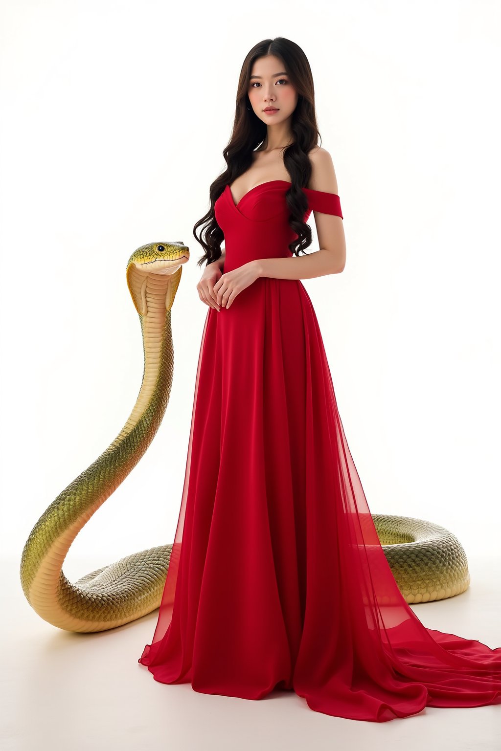 A majestic Korean woman stands confidently in front of the camera, her long hair flowing like a golden waterfall down her back. She wears a stunning red evening gown that accentuates her elegant figure. Behind her, a magnificent serpent stretches its body, evoking an aura of sophistication and mystery. The snake's scales shimmer with a subtle light, gradating from deep green to pale yellow, as if it's dancing in the sunlight. Its head is slightly flattened, with eyes that sparkle like diamonds, exuding a sense of caution and mystique. As it gently twists its body, the scales produce a soft whispering sound, as if sharing secrets. The snake's tail tapers off, gliding smoothly across the ground, conveying a sense of fluidity and elegance. The entire scene is bathed in a crisp white background, with the 8K resolution capturing every intricate detail.