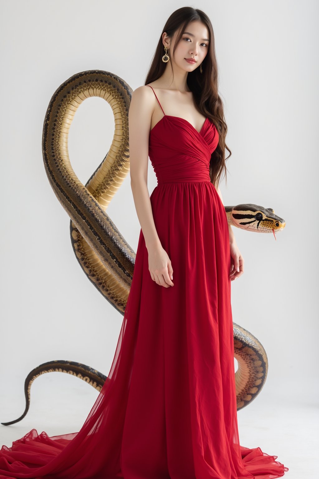 A majestic Korean woman, dressed in a stunning crimson evening gown, turns her gaze directly to the camera as she stands confidently against a crisp white background. Her long, flowing hair cascades down her back like a golden waterfall. But what appears to be a serene scene is disrupted by an enormous python king slithering out from behind her, its massive head facing the lens with an unblinking stare, dwarfing the woman in size and scale.