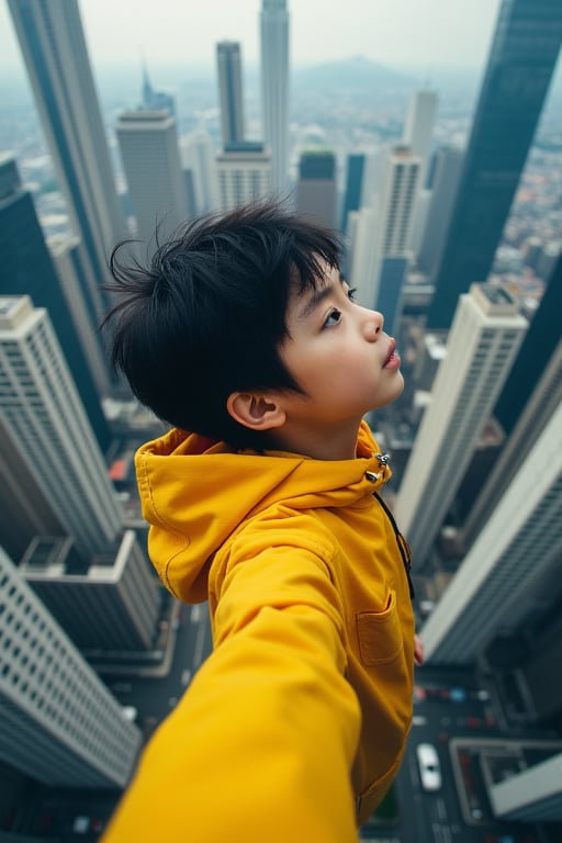 A 3/4 shot from above, capturing a mesmerizing Korean boy's tousled hair and bright yellow attire as he hovers in mid-air (city skyscrapers). He gazes down at the majestic cityscape below. In this tight frame, the triangle composition emphasizes the subject's dynamic pose against the urban backdrop.