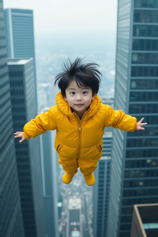 A magical Korean boy with a fluffy pompadour hairstyle and bright yellow outfit hovers in mid-air amidst the towering skyscrapers of the city. Shot from a 90-degree angle directly above his head, the camera captures every detail of his whimsical expression as he defies gravity. The 8K resolution reveals each strand of hair and thread on his clothing, suspended in a sea of blue-gray urban landscape.