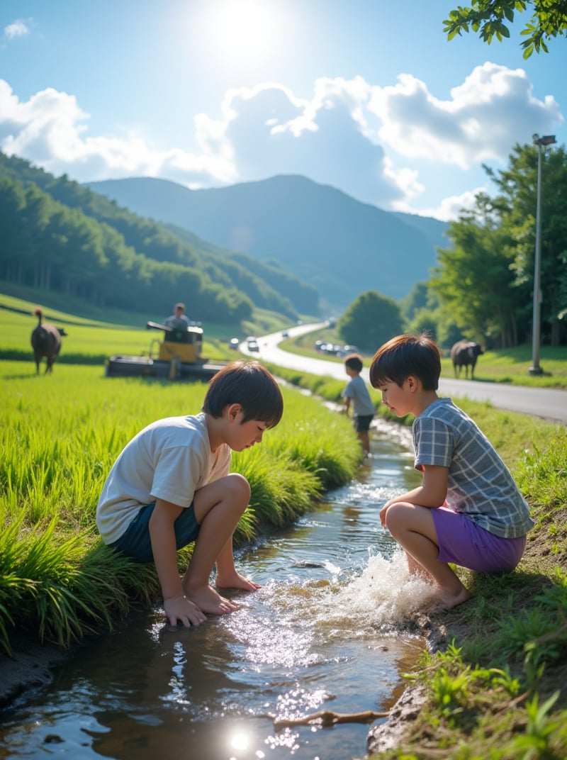 A playful scene in a Taiwanese countryside! A group of three 8-year-olds, two boys and one girl, enjoying their summer day. 

The camera captures the trio from a side angle, with two boys crouching down, one hiding behind a patch of rice straw, while the other has his legs crossed. The third member, a girl, is splashing water in a nearby stream, wearing a grid-printed t-shirt and purple shorts.

In the foreground, we see water buffalo, combine harvesters, and lush green rice fields, with other kids playing in the distance. The scene is set against the backdrop of a blue sky with fluffy white clouds, illuminated by sunlight and the occasional lamp post.

In the background, a winding country road leads to the highway, where cars whizz by, surrounded by a forest and rolling hills.