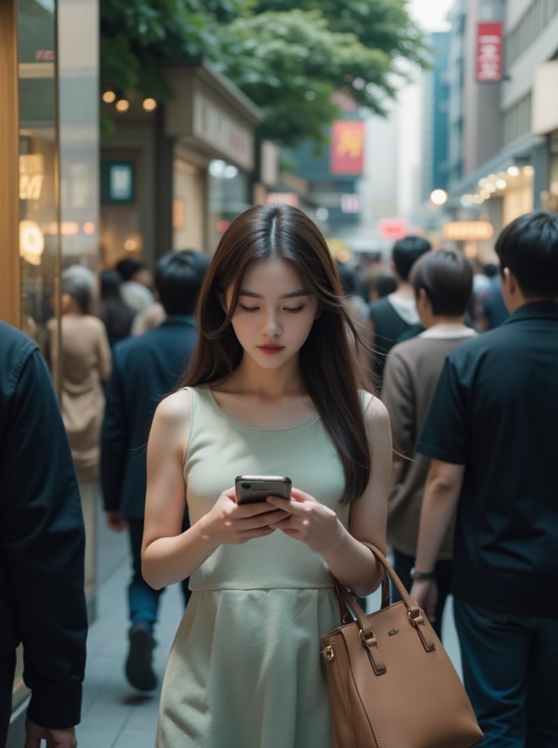 A Korean woman, with long hair and a sleeveless dress, holds a handbag as she blends into the crowd. She's standing between two store windows, gazing at her phone with a subtle expression of concern or distraction. The camera captures her figure from among the sea of people, some walking left while others head right, framing her within the glass window's reflection.