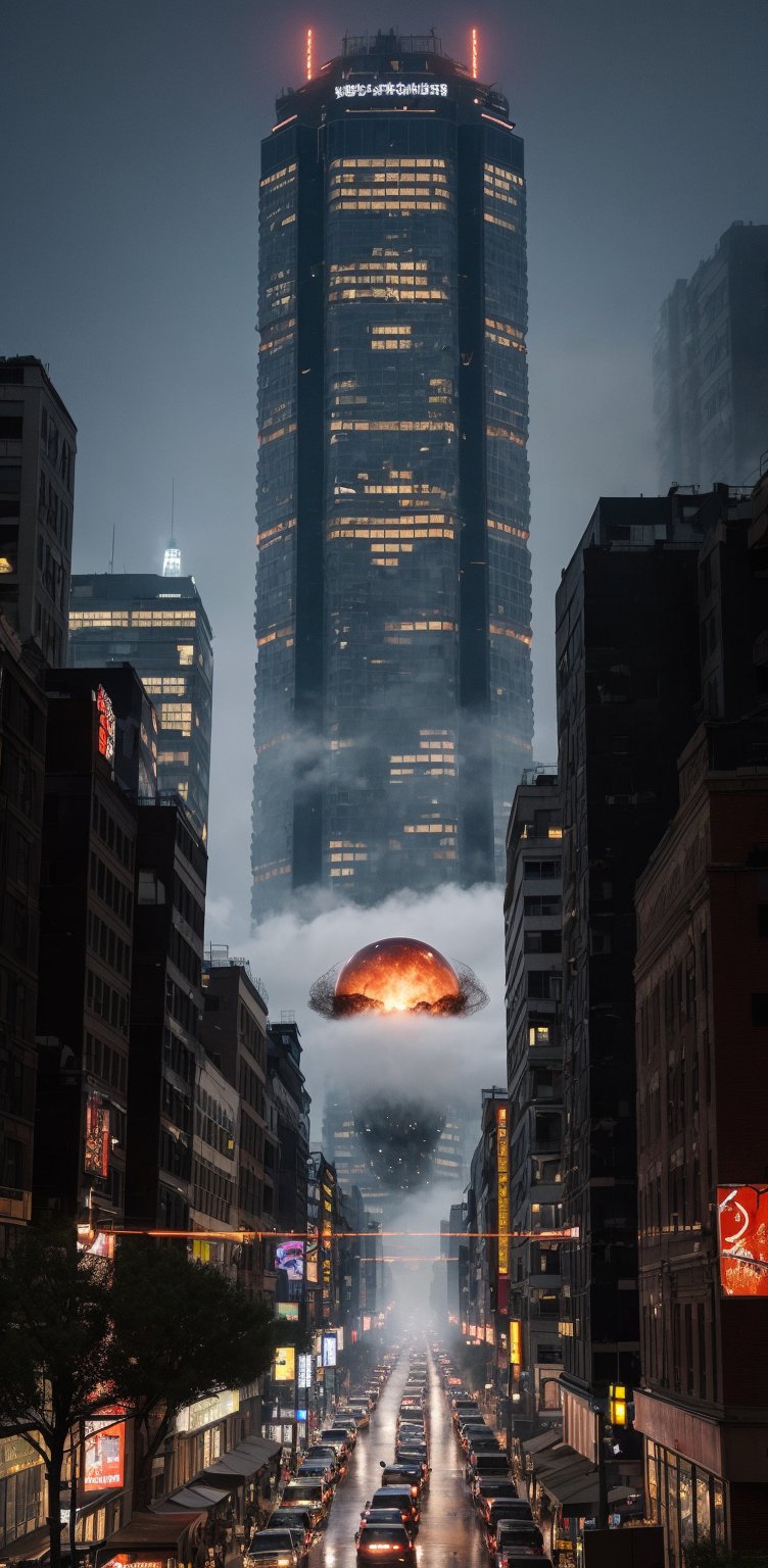 A sweeping 8K panorama unfolds. Amidst the city's steel skyscrapers, a mysterious spherical entity emerges between towering structures. Fog suddenly shrouds the metropolis, as panicked crowds flee in terror. The disaster ravages the megacity, reminiscent of doomsday's arrival. In the foreground, people scramble to escape, while in the distance, the eerie orb looms large, surrounded by the city's once-thriving streets now reduced to chaos and despair.