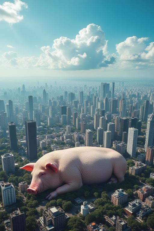 In a sprawling metropolis, a colossal pig, roughly the height of 30 high-rise buildings, lies slumbering in the city center. The contrast between the gargantuan pig and the urban landscape is striking, as if everything else has been reduced to toy-sized proportions. A brilliant blue sky with puffy white clouds provides a stunning backdrop for this surreal scene, captured in breathtaking 8K resolution.