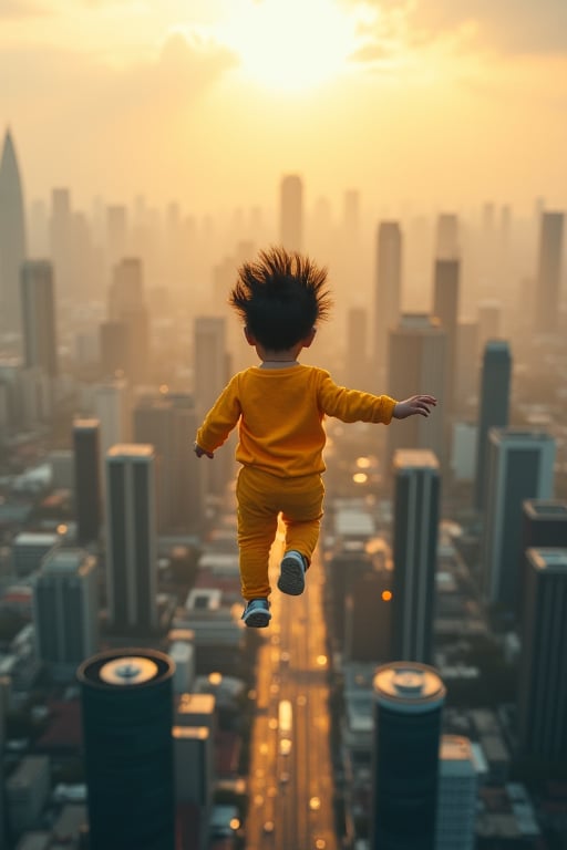 A mesmerizing Korean child with a wild shock of hair and bright yellow outfit floats effortlessly above a bustling Malaysian cityscape. Framed against the vibrant skyline, their tiny figure is bathed in warm sunlight, as if suspended by an invisible force. The camera zooms in tight, capturing every detail of this whimsical scene, in stunning 8K resolution from a high angle, looking down upon the urban landscape.