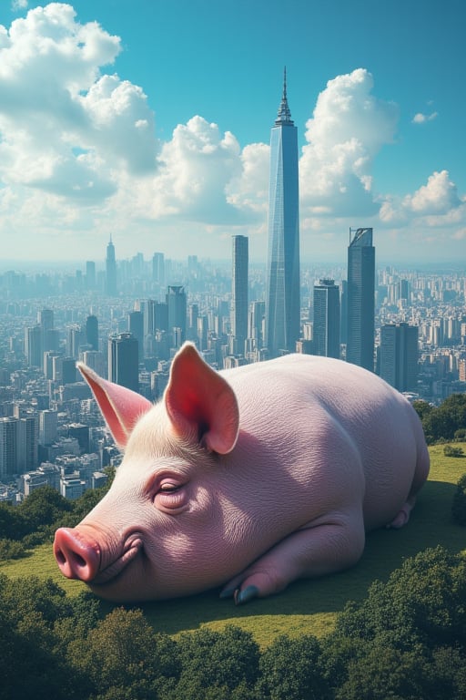 In a sprawling metropolis, a colossal pig, roughly the height of 30 high-rise buildings, lies slumbering in the city center. The contrast between the gargantuan pig and the urban landscape is striking, as if everything else has been reduced to toy-sized proportions. A brilliant blue sky with puffy white clouds provides a stunning backdrop for this surreal scene, captured in breathtaking 8K resolution.