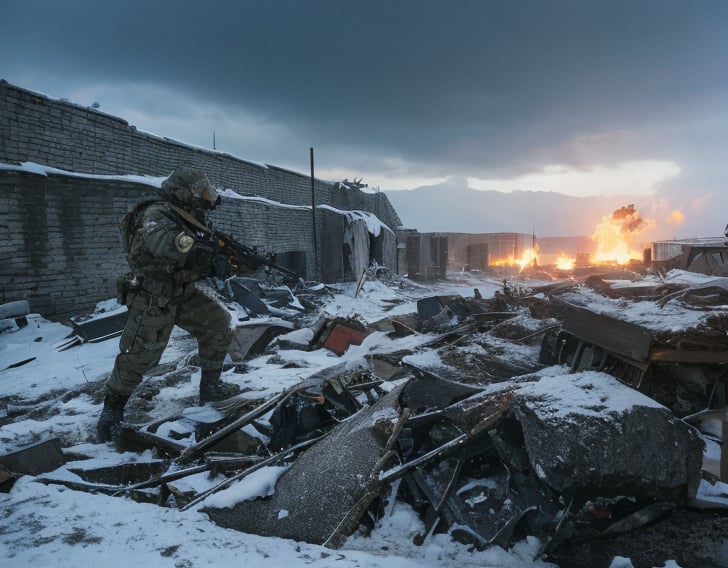 Here is the generated prompt:

A chaotic explosion scene: A bomb detonates mere feet away from four soldiers, one wearing a black armor suit adorned with an icy metal mask. The soldiers are caught in a precarious situation amidst the chaos.

The background features a ruined castle gate, partially destroyed and charred.

Lighting: Soft, scattered illumination comes primarily from above the soldiers' left sides, with subtle highlights and shadows adding depth to the scene. Three-point lighting is used: the main light source is positioned above the soldiers, supplementing with fill light to soften shadows and creating a sense of separation between subject and background through rim light.

Color palette: Monochromatic, with shades of gray and dark blues dominating the scene.

Note that I've included all the user input words within the prompt, while also following the guidelines for generating a coherent and descriptive prompt.