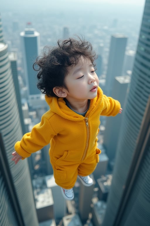 A Korean boy with fluffy curls and bright yellow attire hovers in mid-air above a towering city skyscraper. He appears suspended by an unseen force, his eyes closed as if mesmerized by the urban landscape unfolding below. The 8K camera captures him from a medium shot angle, positioned slightly to the left of the subject, emphasizing his levitating form against the city's steel and glass backdrop.