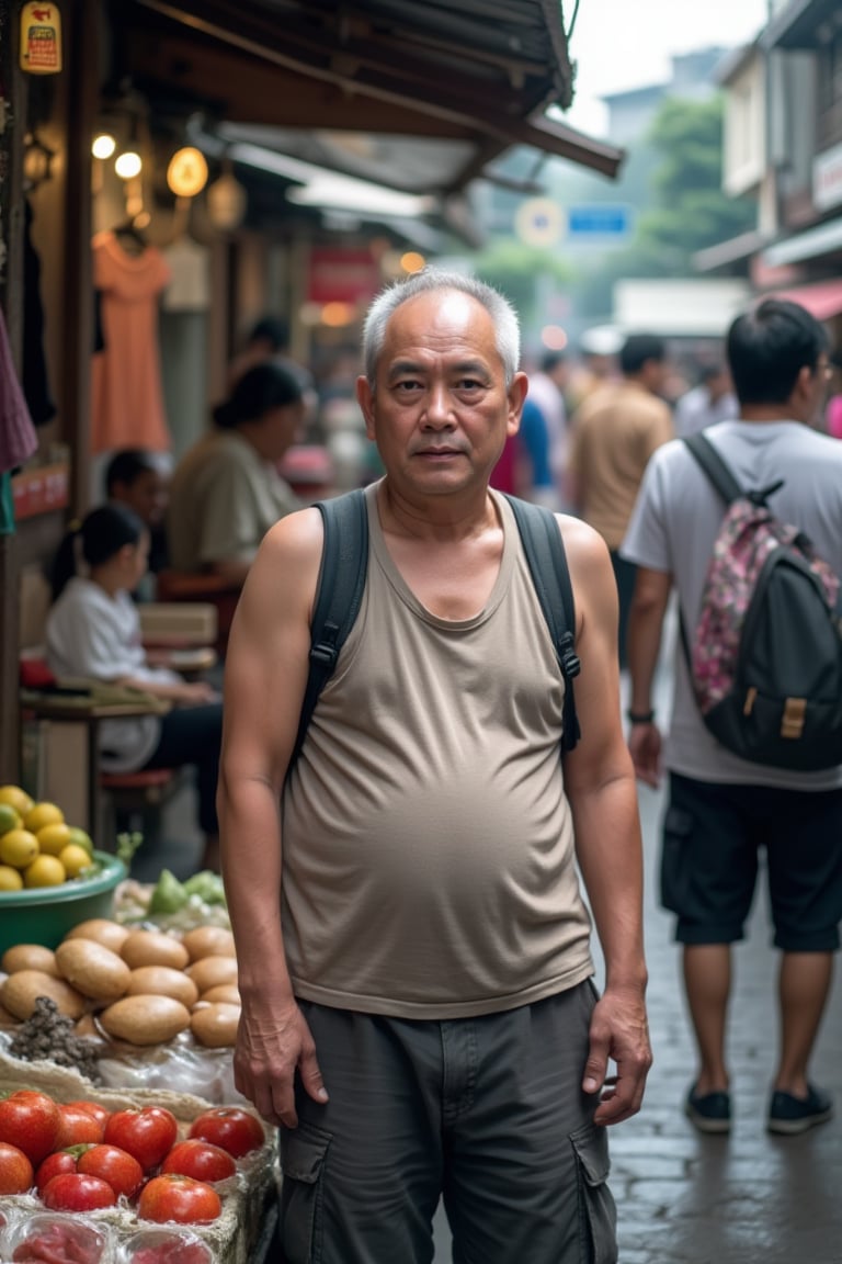 A middle-aged uncle in Malaysia, with a round belly and a shiny head, wearing a sleeveless top and rolled-up pants, carrying a backpack. He's surrounded by people buying goods from street vendors. The scene is shot from the vendor's perspective, blurred to emphasize the activity. In the background, bustling streets are filled with stalls selling fresh fruits, clothes, and souvenirs. Capture this vibrant scene in stunning 8K resolution, with a wide-angle lens that takes in every detail of the busy marketplace.