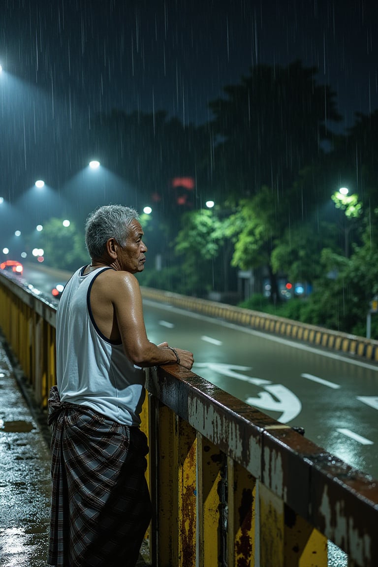 A midnight scene unfolds as the camera captures a desolate pedestrian bridge from above, gazing down upon a lone figure. The bridge's railing is weathered and worn, with rainwater dripping down like tears. A robust Malaysian uncle, clad in a white vest and checkered sarong (Samping), leans against the railing, eyes fixed on the sparse traffic below. His silver hair, now bedraggled from the rain, frames his pale face as he gazes out at the world with a mix of forlornness and despair. The frame is shot from an upward angle, capturing the bleak atmosphere in full glory.