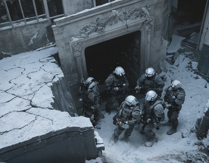 Here is the generated prompt:

A war-torn scene unfolds as four soldiers, clad in black armor adorned with icy metal masks, hesitate for a fleeting moment before opening fire. Framed by the ruins of a castle's grand entrance, the soldiers' tense posture and grim expressions convey their trepidation.

The lighting is soft and scattered, with the primary source emanating from above and to the side of the figures. The weak illumination creates a sense of intimacy, while the three-point lighting setup - consisting of key light, fill light, and back light - helps to separate the subjects from the background, adding depth to the scene.

The color palette is monochromatic, with shades of gray and black dominating the composition.