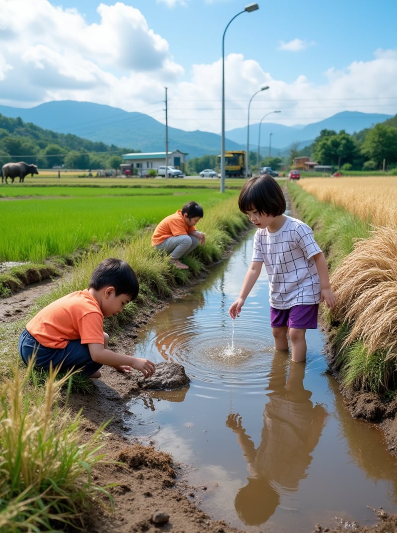 Three 8-year-old children (Taiwanese), two boys and one girl, play in the field. One boy lies on the muddy ground, while another crouches half-exposed from a stack of wheat. The girl plays with water in a small creek, wearing a grid-patterned T-shirt and purple shorts.

The scene is set against the backdrop of a rural landscape: a water buffalo, harvester, rice paddy, other children, wheat stalks, small ditches, muddy paths, blue sky, white clouds, and electric lamp poles. In the distance, a highway, cars, forest, and mountain range can be seen.

Composition: A full-frame, 8K image with a triangular composition, shot from the side of the subjects. The camera captures the textures of their clothing and the natural surroundings, emphasizing the joy and freedom of childhood.