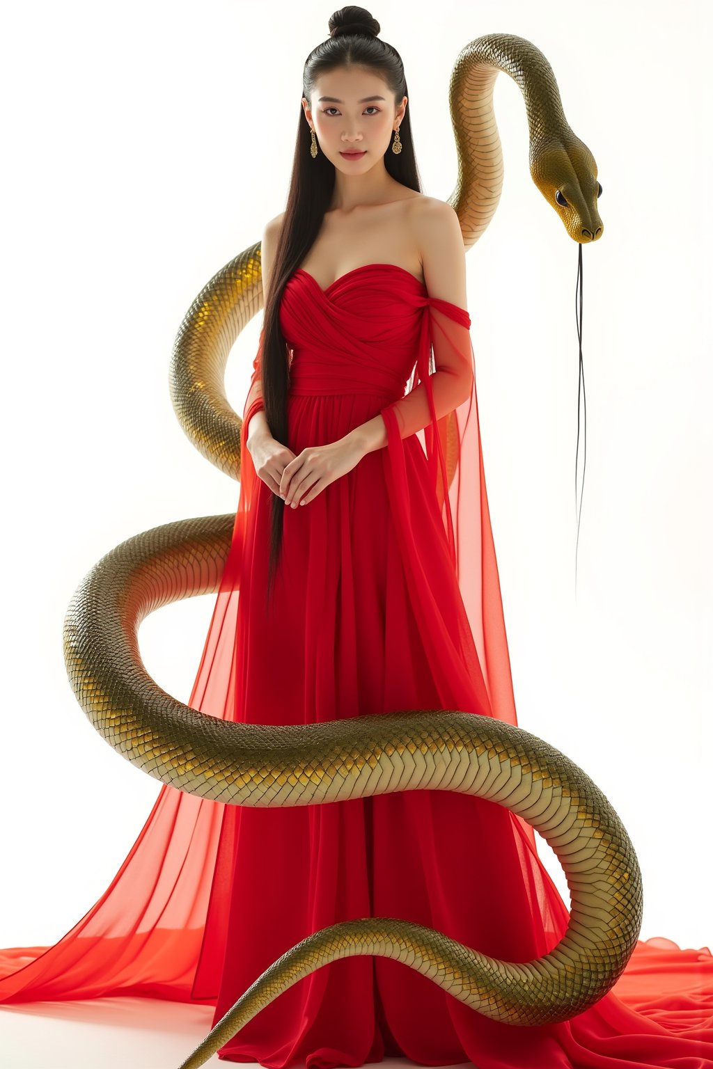 A regal Korean woman, adorned in a majestic red evening gown, stands confidently facing the camera. Her long hair cascades down her back like a golden waterfall. Behind her, a colossal snake wraps its body around the space, its sinuous curves reminiscent of a flowing silk scarf. The snake's scales glimmer with a soft luminescence, transitioning from deep green to pale yellow, as if illuminated by sunlight. Its head is slightly flattened, eyes bright and alert, radiating an air of caution and mystique. As it subtly undulates its body, the scales whisper softly, as if sharing secrets. The tail tapers off, effortlessly gliding across the ground, exuding a sense of fluid elegance. The entire scene pulsates with strength and dynamism, as if a nature-dwelling sprite is dancing before the camera. Against a pure white backdrop, this 8K masterpiece unfolds in breathtaking detail.