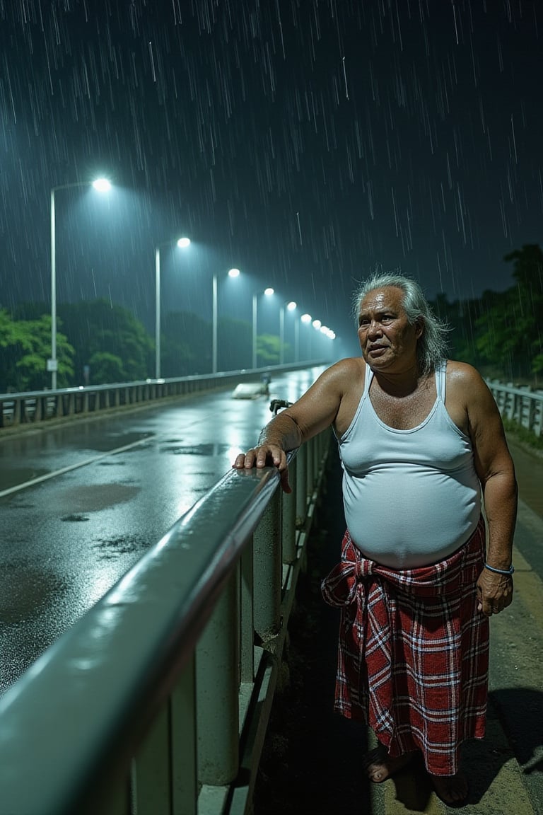 A midnight drizzle envelops a lone figure on a deserted bridge, lit by faint streetlights. A rotund Malaysian uncle, pale-faced and drained of vitality, stands in a white singlet and checked sarong (Samping), cinched at the waist. He leans against the railing, gazing down at the sparse traffic below. Raindrops quickly soak his attire, while his long, wispy silver hair adds to his disheveled appearance. The camera captures the scene from an overhead angle, emphasizing the eerie atmosphere.