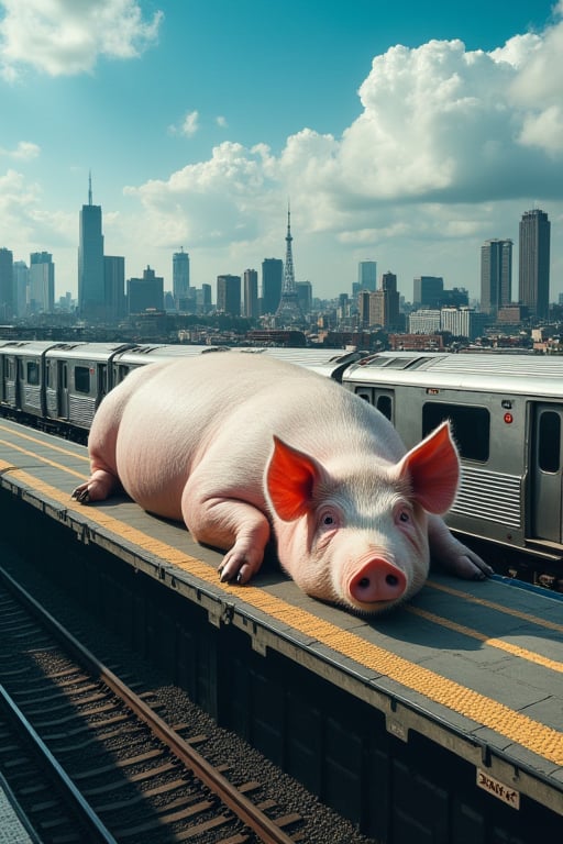 A surreal scene unfolds as a gargantuan pig, its body akin to a mountain range, slumbers peacefully on the city's subway platform. The cerulean sky and fluffy white clouds above contrast starkly with the urban landscape below, where trains and pigs are reduced to playthings. In 8K resolution, the camera captures a bird's-eye view of this absurd yet fascinating tableau, emphasizing the pig's enormity as it stretches out across multiple platforms, its gentle snores harmonizing with the hum of city life.