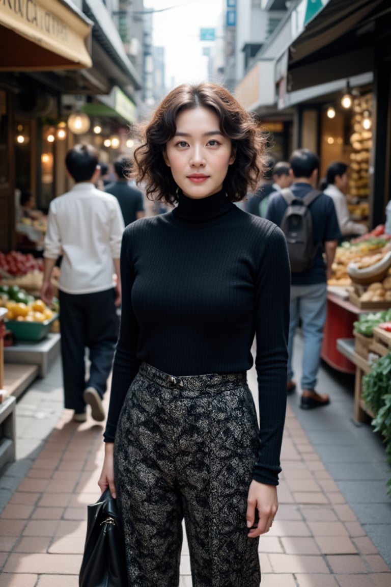 A middle-aged Korean woman with curly hair, wearing a black outfit and patterned long pants, holding a handbag, stands amidst the bustling streets. The scene is framed by vibrant street vendors selling fresh produce and clothing, with a backdrop of modern storefronts. A blurred crowd is visible in the background, giving depth to the image. Softly lit by natural light, the woman's pose and expression are subtle yet captivating. Shot from within the crowd, the camera's perspective adds an immersive feel. 8K resolution captures every detail, from the folds of her clothing to the intricate patterns on her pants. The wide-angle shot invites the viewer to step into the scene, surrounded by the sights and sounds of the vibrant street.