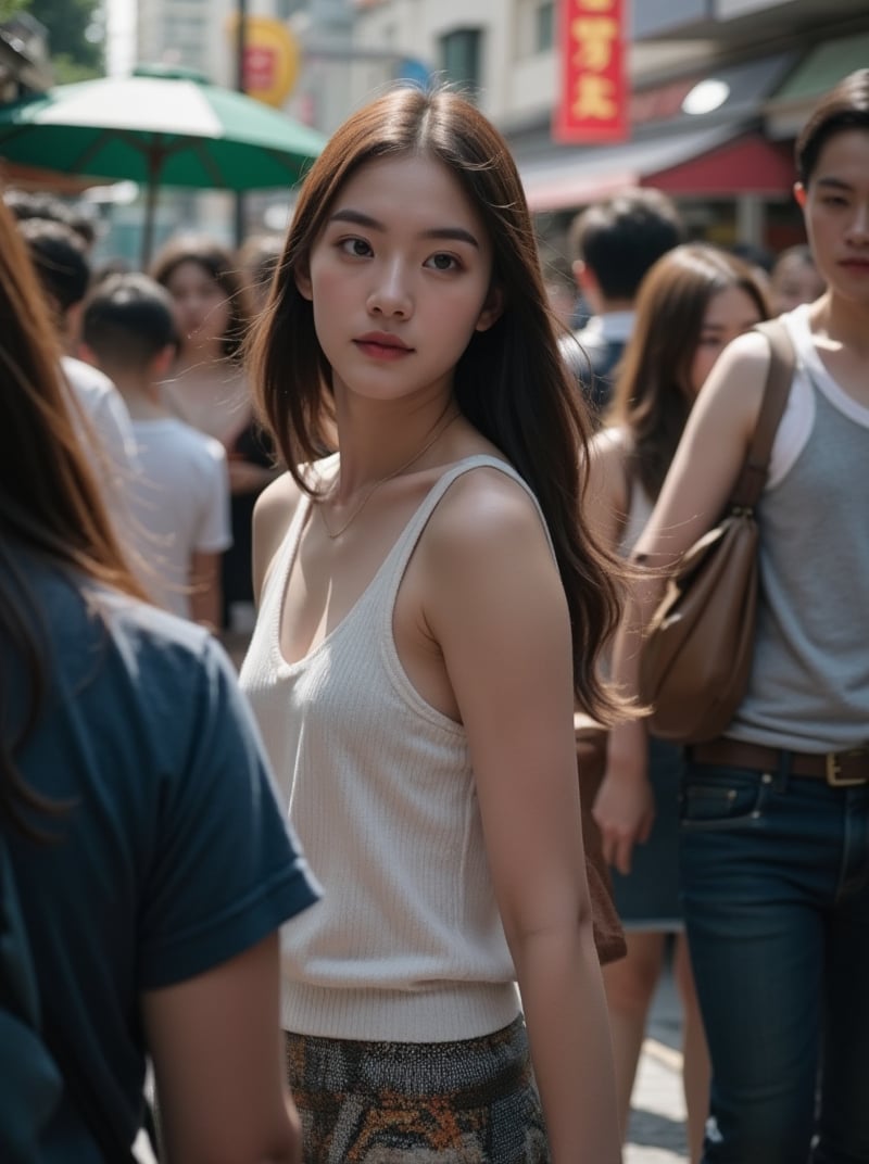 A girl with long hair and a sleeveless top walks leftward amidst a crowd where some people move to the right and others to the left. She captures the scene by passing in front of someone, framed against the background of the bustling crowd, with a subtle blur from the movement. The 8K resolution renders every detail sharply, from the folds of her skirt to the expressions on the faces around her.