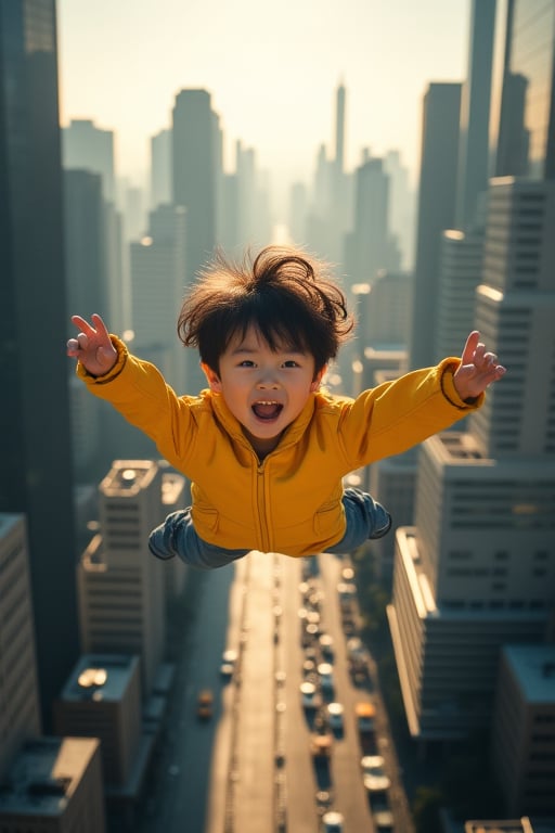 A young Korean boy with a wild, messy hairdo and bright yellow attire, effortlessly soaring through the air amidst the towering skyscrapers of a bustling city. Framed by the triangular composition, his tiny figure is juxtaposed against the vast urban landscape, bathed in warm sunlight that casts long shadows on the concrete jungle below.