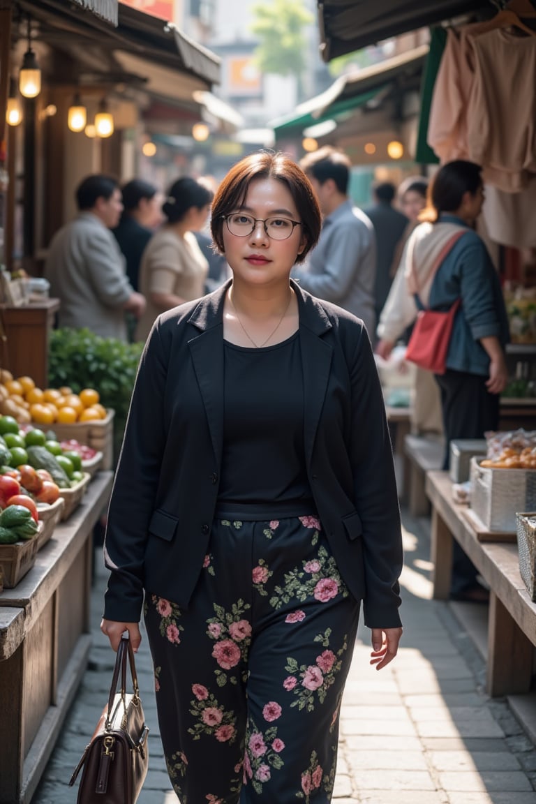 A middle-aged Korean woman, bespectacled and plump, with a sleek hairstyle and a black outfit adorned with floral patterns on the pants. She holds a handbag as she walks down the street, flanked by bustling vendors selling fresh produce, clothing, and other goods. The scene is captured in 8K resolution, showcasing the woman amidst the vibrant street market, with blurred outpassers creating a sense of depth and atmosphere.