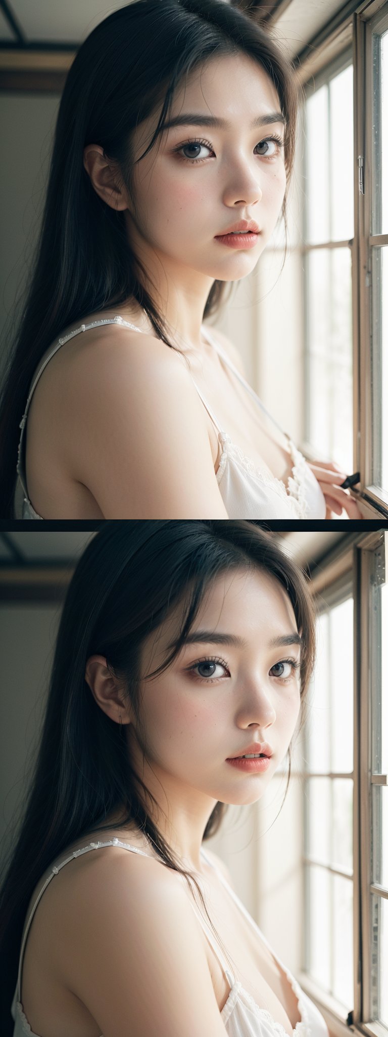 A split-screen visual depicting a stunning Korean beauty, divided by a vertical line, showcasing two distinct images. On one side, the image is rich in color and vibrancy, reminiscent of cinematic hues. The other side presents a striking black-and-white contrast, with sharp definitions. Framed within an 8K pixel canvas, this dual-image setup is bathed in cinematic lighting, inviting the viewer to gaze upon the captivating subject.